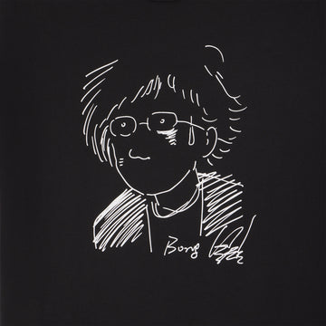 Black t-shirt with white line art of a person wearing glasses on a black background. Self portrait sketch of the Oscar winning director Bong Joon Ho